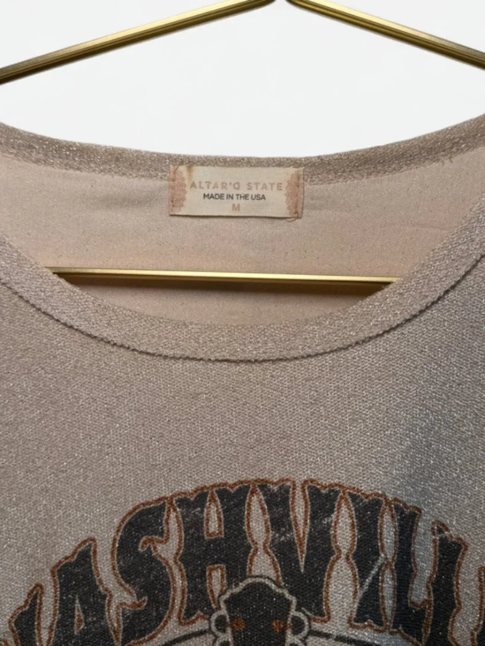 Altar'd State Nashville Shimmery Gold Graphic Tee Top Size Medium